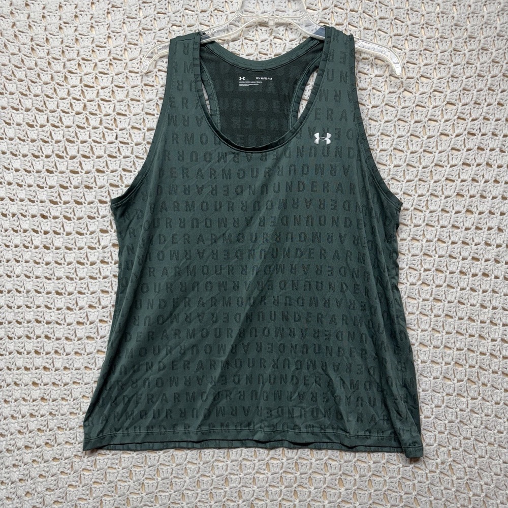 Under Armour Tank Top Womens 1X Green Racerback Loose Fit Allover Logo Print Gym